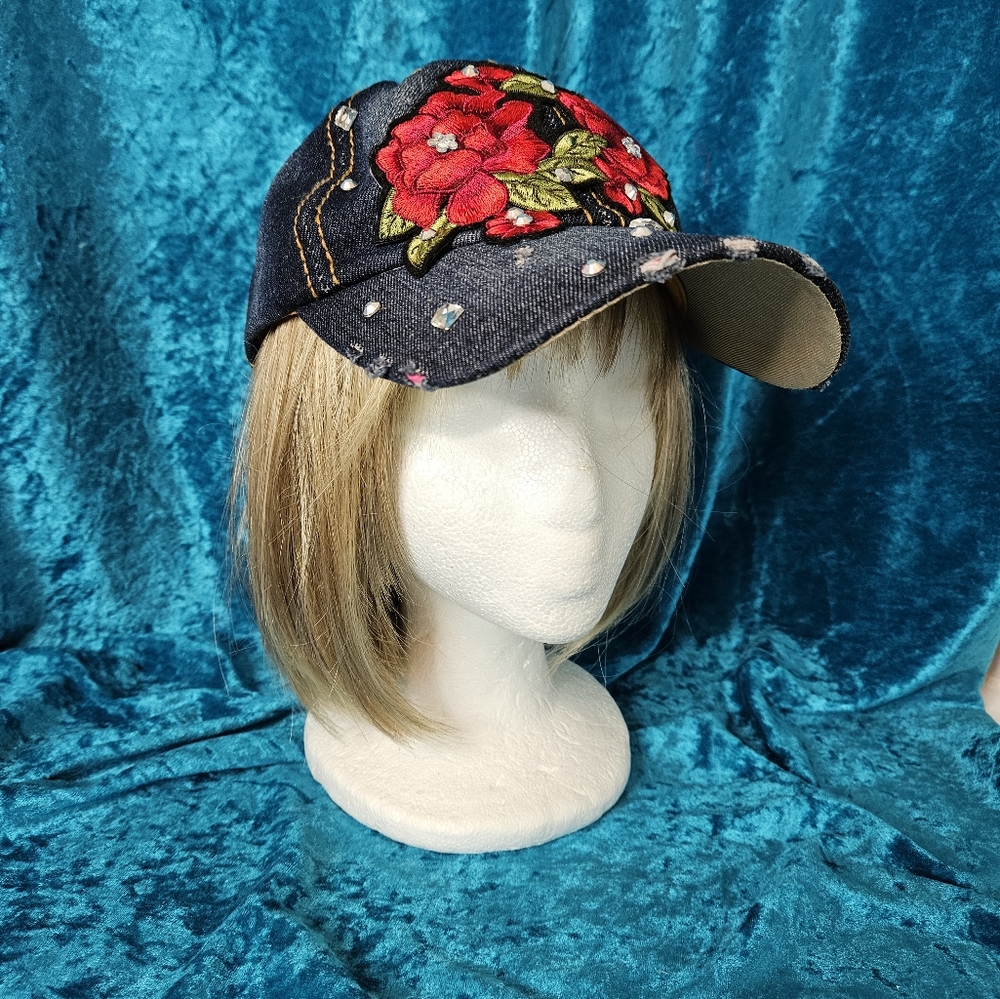 Distressed Adjustable Denim Cap Roses Rhinestone 100% Cotton